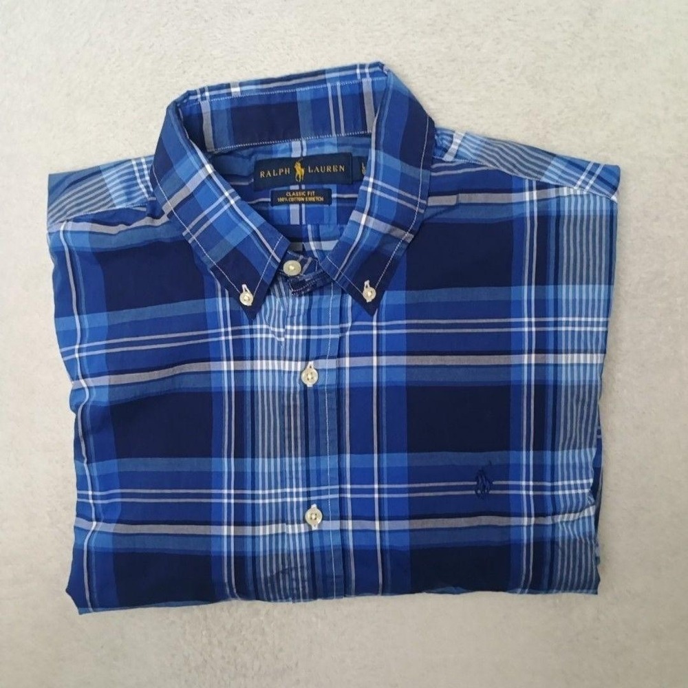 Ralph Lauren Shirt Mens L Blue Plaid Button-Up Classic Fit Cotton Stretch Pony